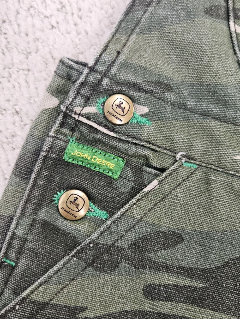 John Deere Camo Overalls Kids 5 Youth Green Double Knee Adjustable Canvas Cotton - Picture 2 of 6